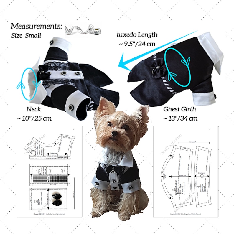 Pode incluir: Um fato de smoking para c&atilde;o preto e branco com gravata borboleta. O fato est&aacute; disposto na horizontal com uma fita m&eacute;trica que mostra as medidas do pesco&ccedil;o, peito e comprimento em cent&iacute;metros. O fato &eacute; para um c&atilde;o pequeno.