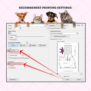 May include: A computer screen displaying a print settings window with a preview of a document. The document is a floor plan with a checkered pattern. The print settings include options for page size, orientation, and scaling. The text "Actual size" is highlighted in the print settings window.