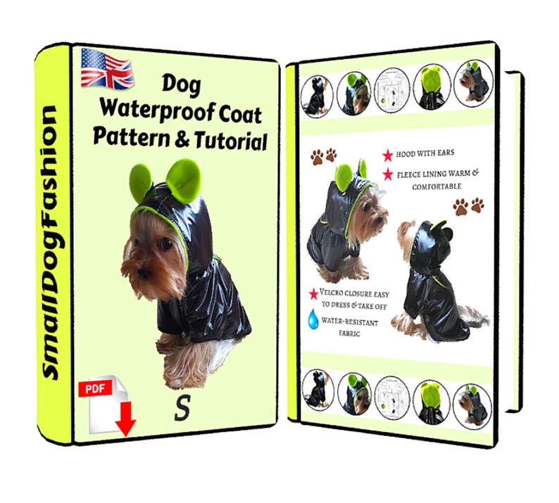 Puede incluir: Un patr&oacute;n y tutorial PDF para coser un abrigo impermeable para perros con capucha y orejas. El abrigo es negro con ribetes verdes y se muestra en un perro peque&ntilde;o. El patr&oacute;n es para la talla S.