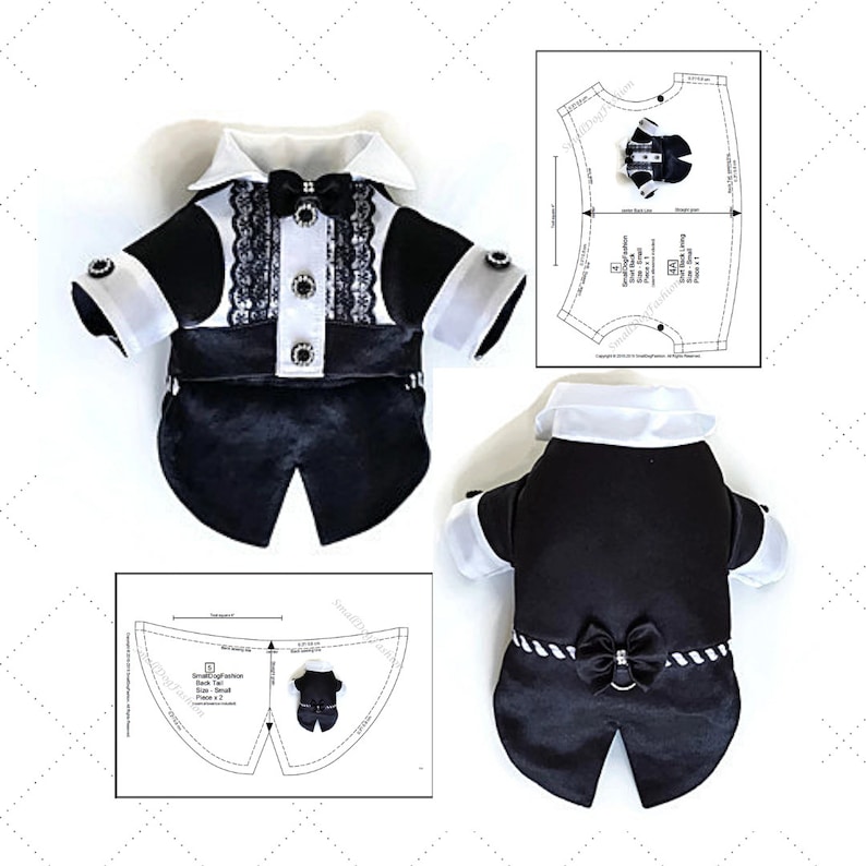 Pode incluir: Um conjunto de smoking preto e branco para um c&atilde;o pequeno. O conjunto inclui uma jaqueta com gravata borboleta, uma camisa e cal&ccedil;as. O conjunto &eacute; mostrado em um fundo branco.