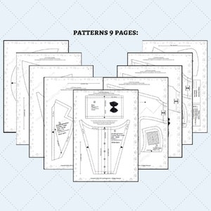 May include: A set of nine sewing patterns for a tuxedo shirt. The patterns are printed on white paper and include instructions for cutting and sewing the shirt. The patterns are labeled with the name of each piece and the number of pieces needed. The patterns are for a tuxedo shirt with a bow tie.