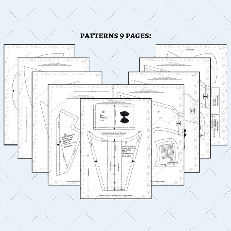 May include: A set of nine sewing patterns for a tuxedo shirt. The patterns are printed on white paper and include instructions for cutting and sewing the shirt. The patterns are labeled with the name of each piece and the number of pieces needed. The patterns are for a tuxedo shirt with a bow tie.