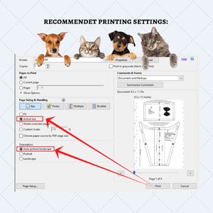 May include: A screenshot of a computer screen showing the print settings for a PDF document. The settings include options for page size, orientation, and scaling. The document is 8.3 inches by 11.7 inches and is being printed at actual size in landscape orientation.