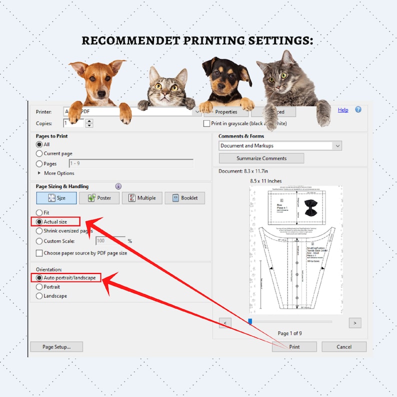 May include: A screenshot of a computer screen showing the print settings for a PDF document. The settings include options for page size, orientation, and scaling. The document is 8.3 inches by 11.7 inches and is being printed at actual size in landscape orientation.
