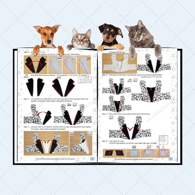 May include: A step-by-step guide for sewing a tuxedo-style dog vest. The guide includes illustrations of the sewing process and instructions for each step. The vest is black with a white pattern and red trim.