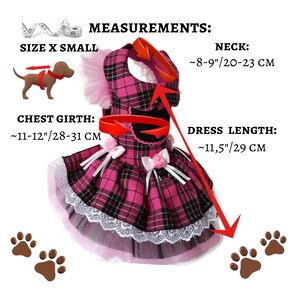 May include: Pink and black plaid dog dress with white lace trim and pink bows. The dress is size X Small and has measurements for neck, chest girth, and dress length in inches and centimetres.