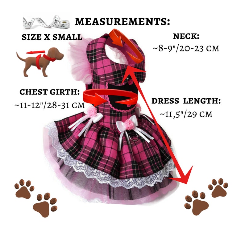 May include: Pink and black plaid dog dress with white lace trim and pink bows. The dress is size X Small and has measurements for neck, chest girth, and dress length in inches and centimetres.