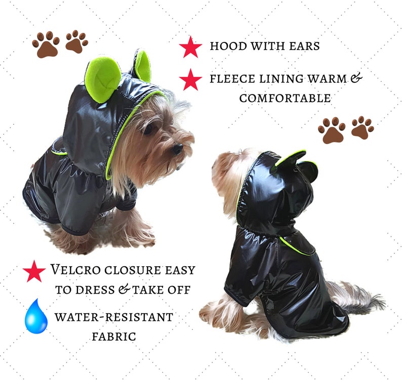 Puede incluir: Chubasquero negro para perro con capucha y orejas verdes. El chubasquero tiene cierre de velcro y es resistente al agua. "VELCRO CLOSURE EASY TO DRESS & TAKE OFF WATER-RESISTANT FABRIC HOOD WITH EARS FLEECE LINING WARM & COMFORTABLE" est&aacute; escrito en la imagen.