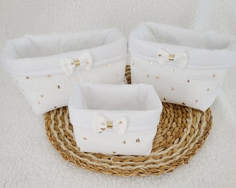 Panier à lingettes lavables, panier à couche, panier de rangement en double gaze blanche motif coeur