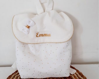 Personalized children's backpack, maternal bag in double white gauze with gold polka dots, bag for the nursery or nanny