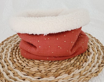 Winter snood in double gauze with golden polka dots and ecru sherpa, colors of your choice for babies, children, adults