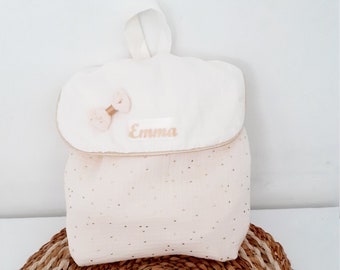 Personalized child backpack, kindergarten bag in double ecru gauze with golden polka dots, bag for the nursery or the nanny