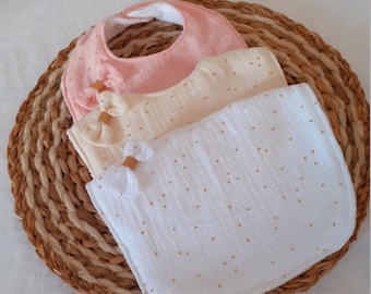 Baby bibs in double gauze with golden polka dots and white bamboo sponge different colors to choose from