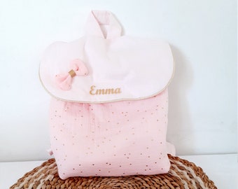 Sac à dos enfant personnalisé ,sac maternelle en double gaze rose à pois dorés , sac pour la crèche ou la nounou