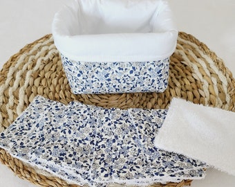 Lot de 8 lingettes démaquillantes, lavables et sa panière motifs fleuris et éponge de bambou blanche