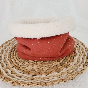 Winter snood in double gauze with golden polka dots and ecru sherpa, colors of your choice for babies, children, adults