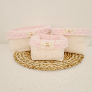 Washable wipes basket, diaper basket, storage basket in double gauze, choice of colors and gold dots