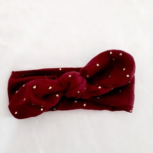 Bow headband, headband for babies, children, adults in double gauze with gold polka dots Prune