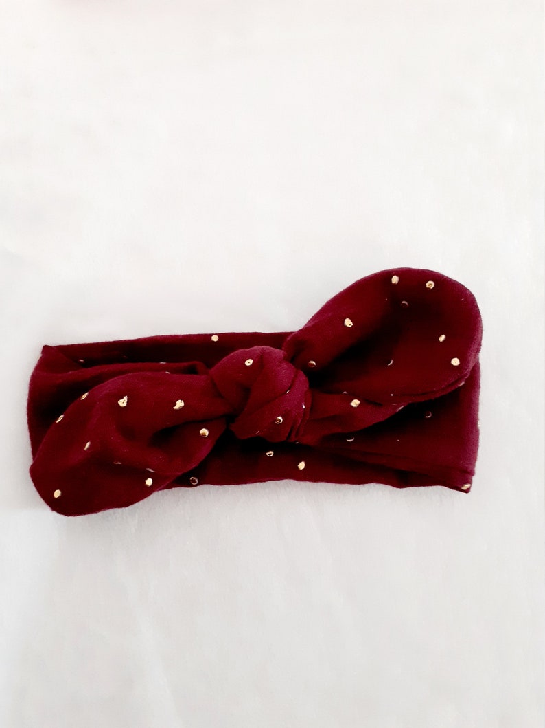Bow headband, headband for babies, children, adults in double gauze with gold polka dots Prune