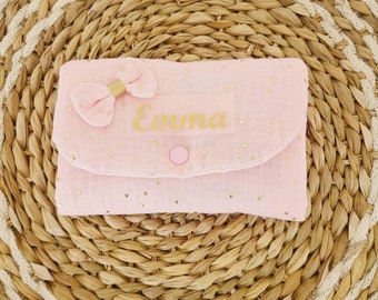 Personalized barrette pouch in double pink gauze with gold polka dots