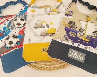 Personalized nursery canteen napkin or elasticated canteen bib with pirate, work or football motifs