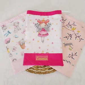 Sac à doudou personnalisé, sac à serviette pochon motifs fées renards chatons
