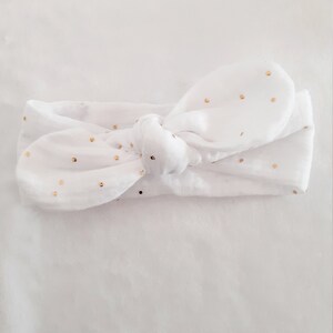 Bow headband, headband for babies, children, adults in double gauze with gold polka dots White