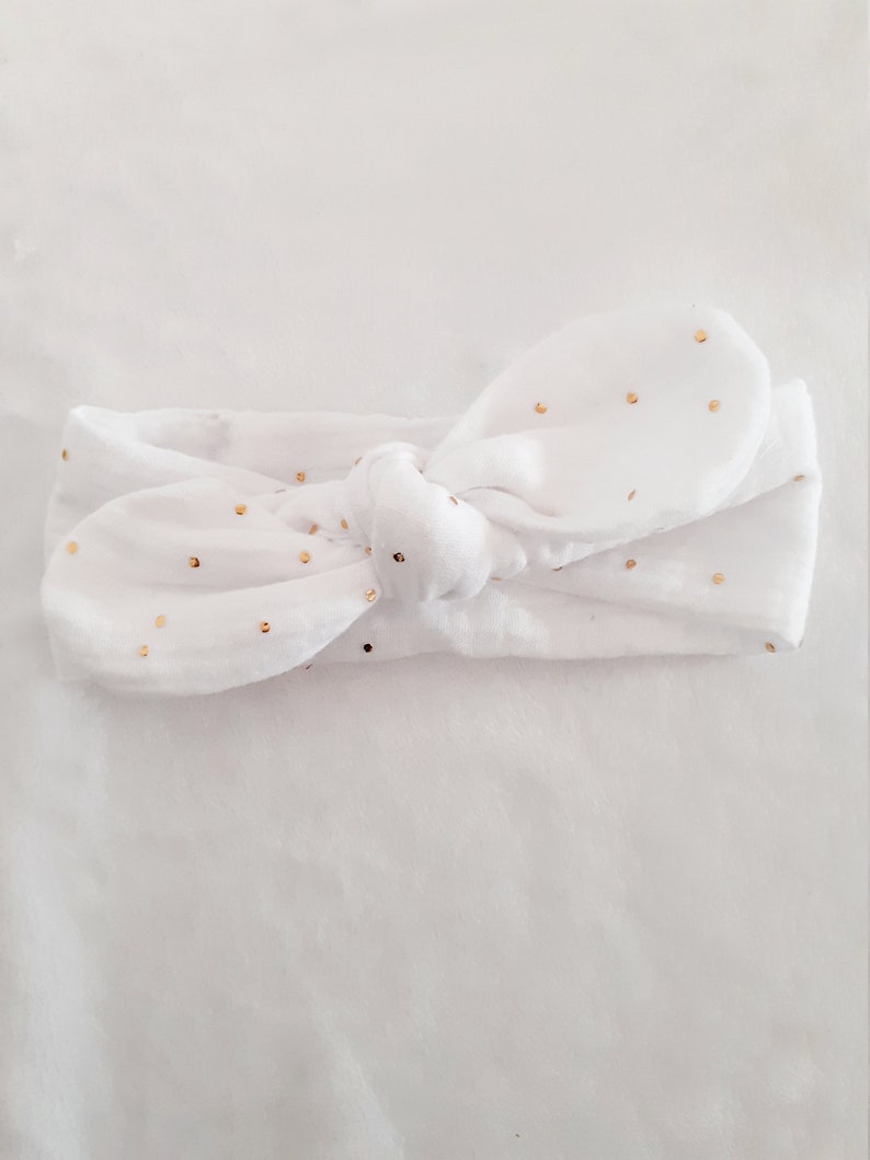 Bow headband, headband for babies, children, adults in double gauze with gold polka dots White
