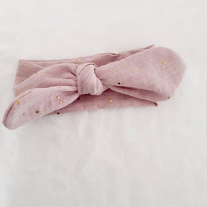 Bow headband, headband for babies, children, adults in double gauze with gold polka dots Vieux rose