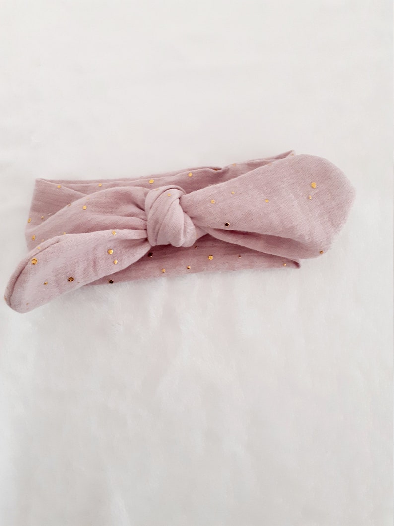 Bow headband, headband for babies, children, adults in double gauze with gold polka dots Vieux rose
