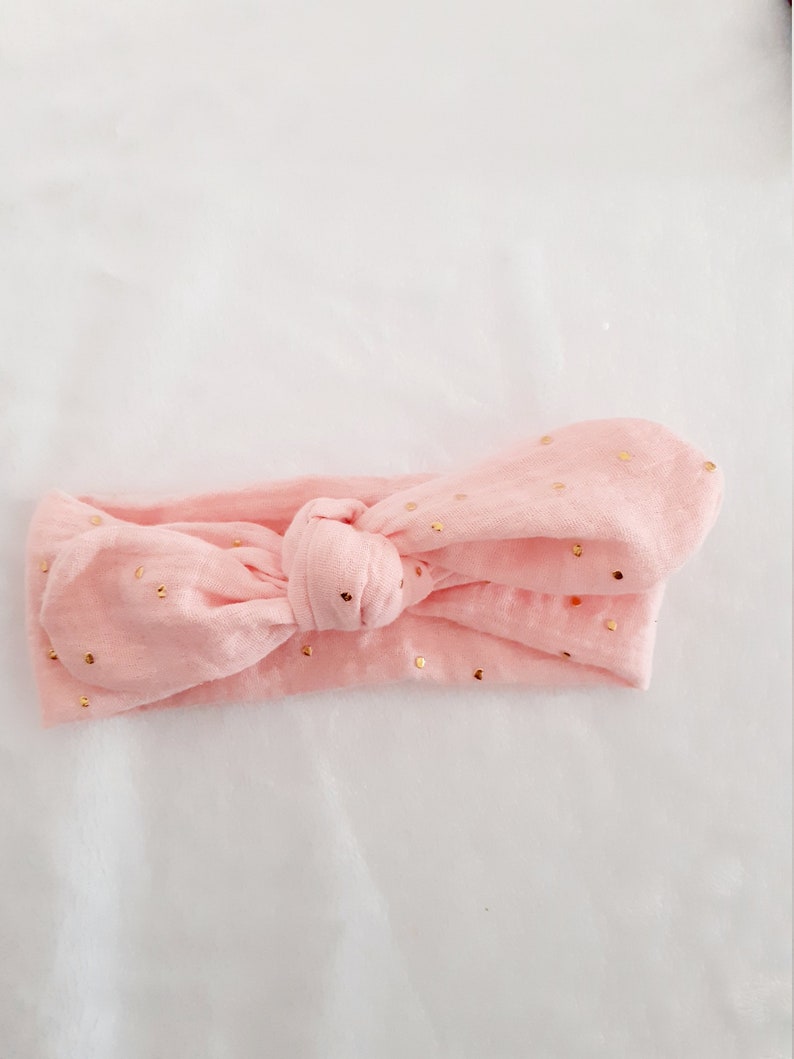 Bow headband, headband for babies, children, adults in double gauze with gold polka dots Pink