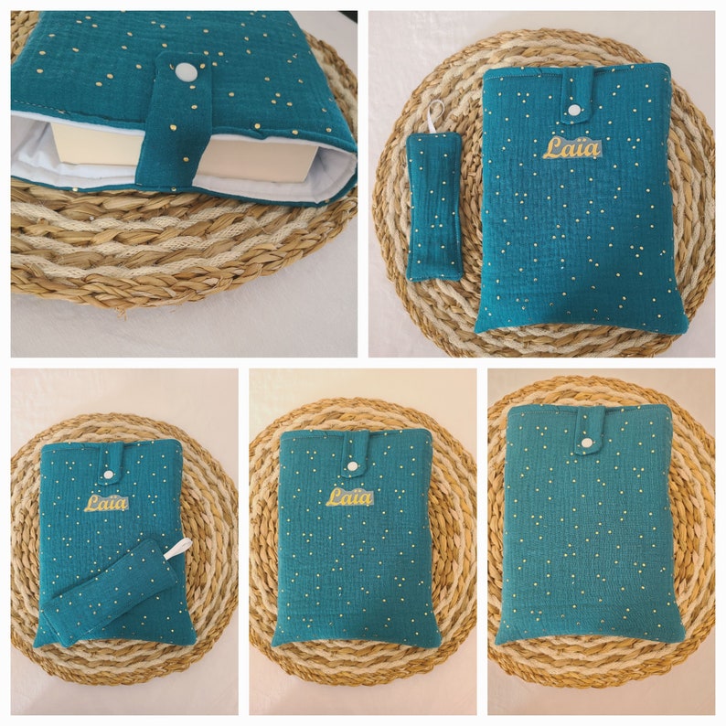 Pochette personnalisée pour livre en double gaze à pois dorée et son marque page assorti Vert canard