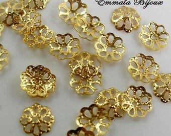 50 bead caps 8 mm gold metal flowers