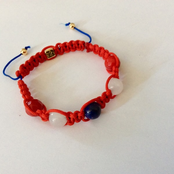 Football, coupe du monde, Bracelet Shamballa, couleurs de la France - Jade, Lapis Lazuli et Corail éponge