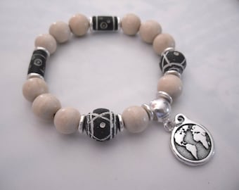 Mens bracelet country, ethnic, natural wood beads, beads Earth terracotta from Mali - planisphere medal charm