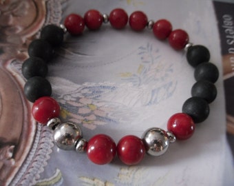 Men's red and black bracelet, coral pearls and black stone from Brazil, steel pearl