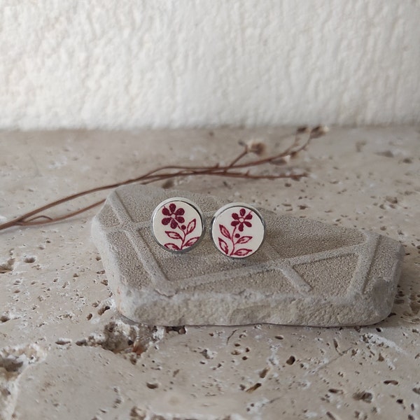 Boucles d'oreilles puces clous fleurs vintage - vaisselle ancienne recyclage terre de fer digoin Sarreguemines - sea pottery broken china