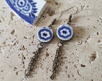 Capri flower earrings recycled iron earthenware tableware - vintage made in France upcycling pottery old plate