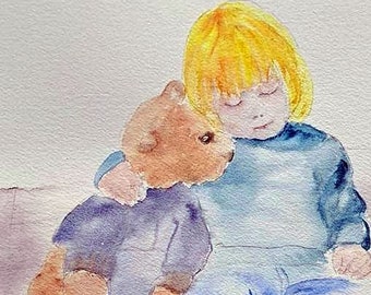 Aquarell mein Junge und Teddybär