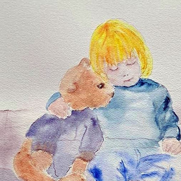 aquarelle mon doudou  garcon et nounours