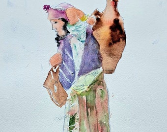 aquarelle originale une Berbere, Kabyle