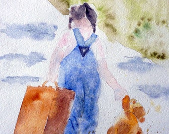 aquarelle en route pour l'aventure , nounours et petite fille