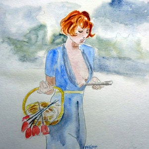 watercolor woman and the book, original