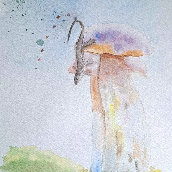 aquarelle le lézard et les champignons