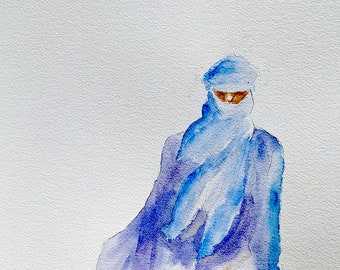 watercolor the blue man, the desert man