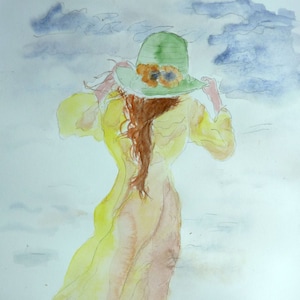 mulher em aquarela com chapéu