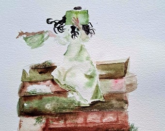 aquarelle le livre, femme assise sur des livres