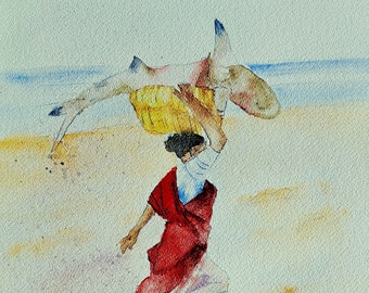 aquarelle la peche a été bonne , femme et poisson