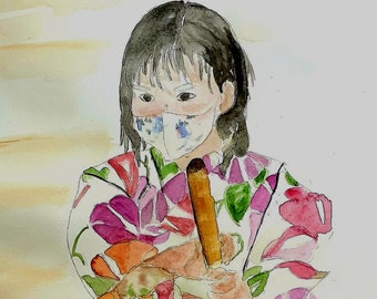 watercolor little girl Asia