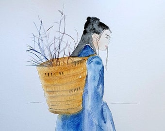 watercolor basket, Asian woman